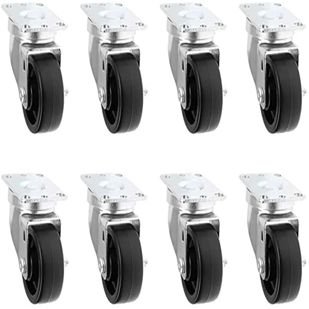 8-Pack 3-Inch Polyolefin Plate Casters with 2640 lbs Total Capacity - Swivel with Black Rubber Top and Plain Plate for Smooth Mobility (Pack of 8, All Swivel)