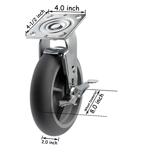 8" 4 Pack Plate Caster Crowned Thermoplastic Heavy Duty Rubber Gray Swivel Rigid Caster Top Plate Caster, 2400 lbs Total Capacity (8 inches Pack of 4, 2 Swivel w/Brakes & 2 Rigid)