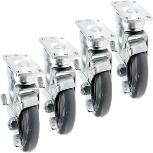 Industrial Grade 3" Caster Set - 4 Pack - 1200 lbs Capacity - Swivel with Brake - Polyurethane Wheel - Top Plate Mount