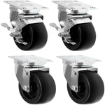 4" Heavy Duty Caster Wheels - 4 Pack with Top Plate and 1320lbs Total Capacity - 4 Swivel (2 with Brake) - Polyolefin Black Rubber Top Plain Plate