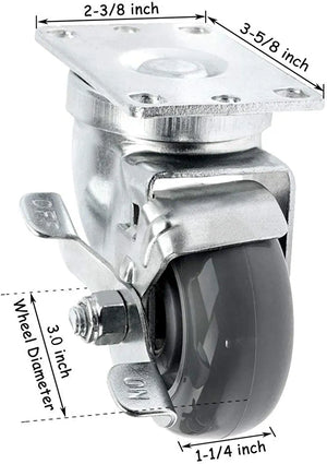 Heavy Duty 3" Swivel Caster with Brake - 2 Pack, 600 lbs Total Capacity, Gray Polyurethane Wheel, Top Plate Annular Plate