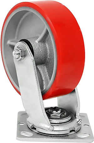5" Heavy-Duty Polyurethane Caster Set (4 Pack) with Top Plate and 4000 lbs Total Capacity - Red Swivel 2 w/Brake