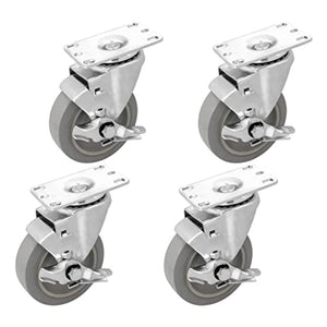 4" 4 Pack Plate Caster, Thermoplastic Light Heavy Duty Rubber Gray Swivel Caster, Top Plate Casters, 1440 lbs Total Capacity (4 inches Pack of 4, Swivel w/Brake)