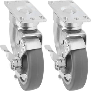 2-Pack 3" Light Heavy Duty Rubber Swivel Casters with Brake, Thermoplastic Gray Top Plate Casters, 500 lbs Total Capacity