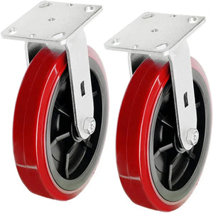 Upgrade your Equipment with Heavy Duty 8" Plate Casters - 2 Pack with Polyolefin/Polyurethane Wheels, 1900 lbs Total Capacity - Red/Black Rigid