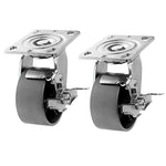 Heavy-Duty Plate Casters with Cast Iron Wheels and Top Plate - 4 Pack, 4 Inches, 2800 lbs Total Capacity, Swivel with Brake (Silver)