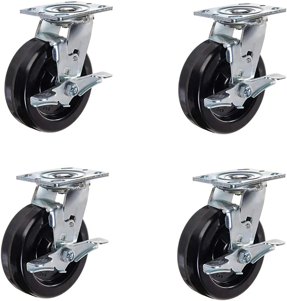 Maximize Mobility and Weight Capacity with 6" Heavy Duty Plate Casters - Set of 4 (4 Swivel with 2 Brakes) Featuring Phenolic Wheels and 2" Extra Width Top Plate