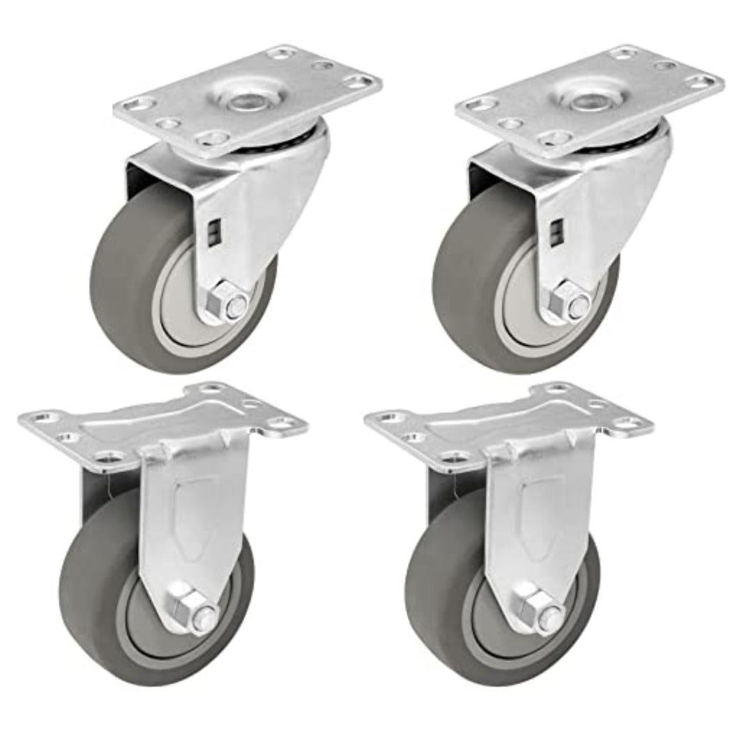 Set of 4 Plate Casters with 3-Inch Thermoplastic Rubber Wheels, 2 Swivel and 2 Rigid, Top Plate Mounting, Total Capacity of 1000 lbs