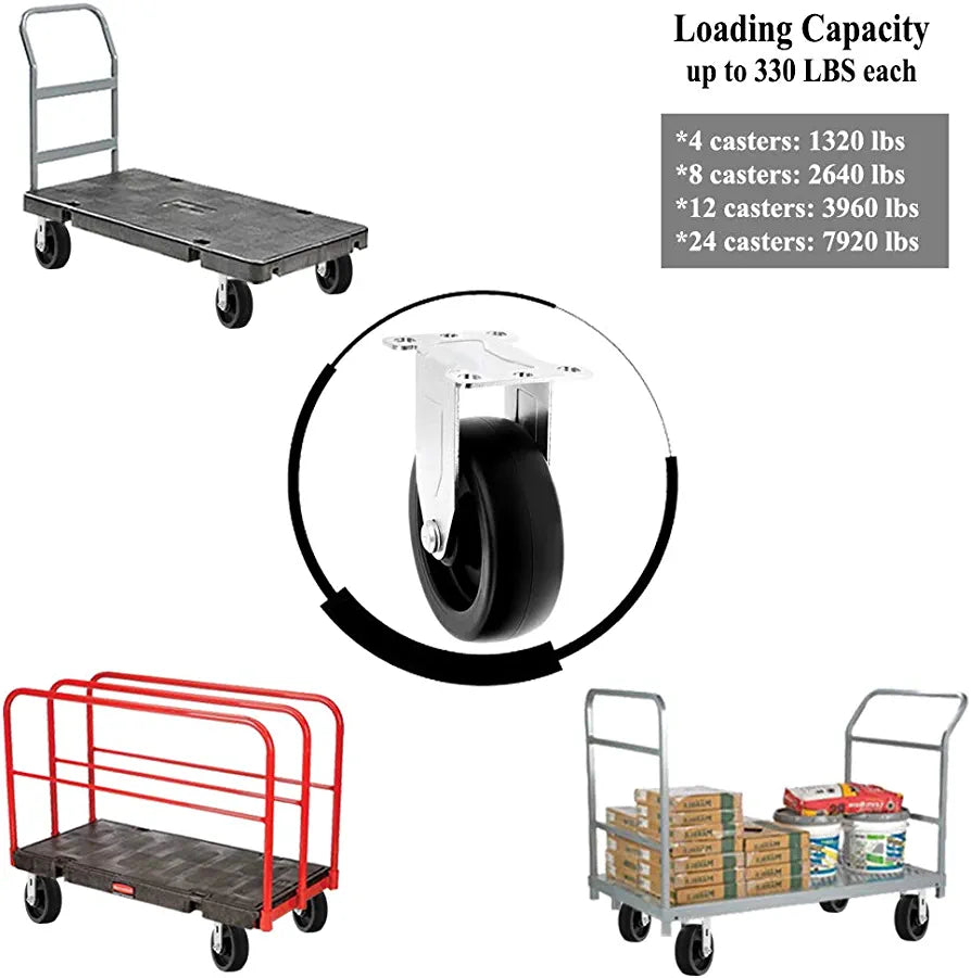 4" Caster Set - Heavy-Duty 2 Pack with 700 lbs Total Capacity, Polyolefin Black Rubber Top, Plain Plate, Rigid Design for Smooth Movement - Ideal for Industrial and Commercial Use