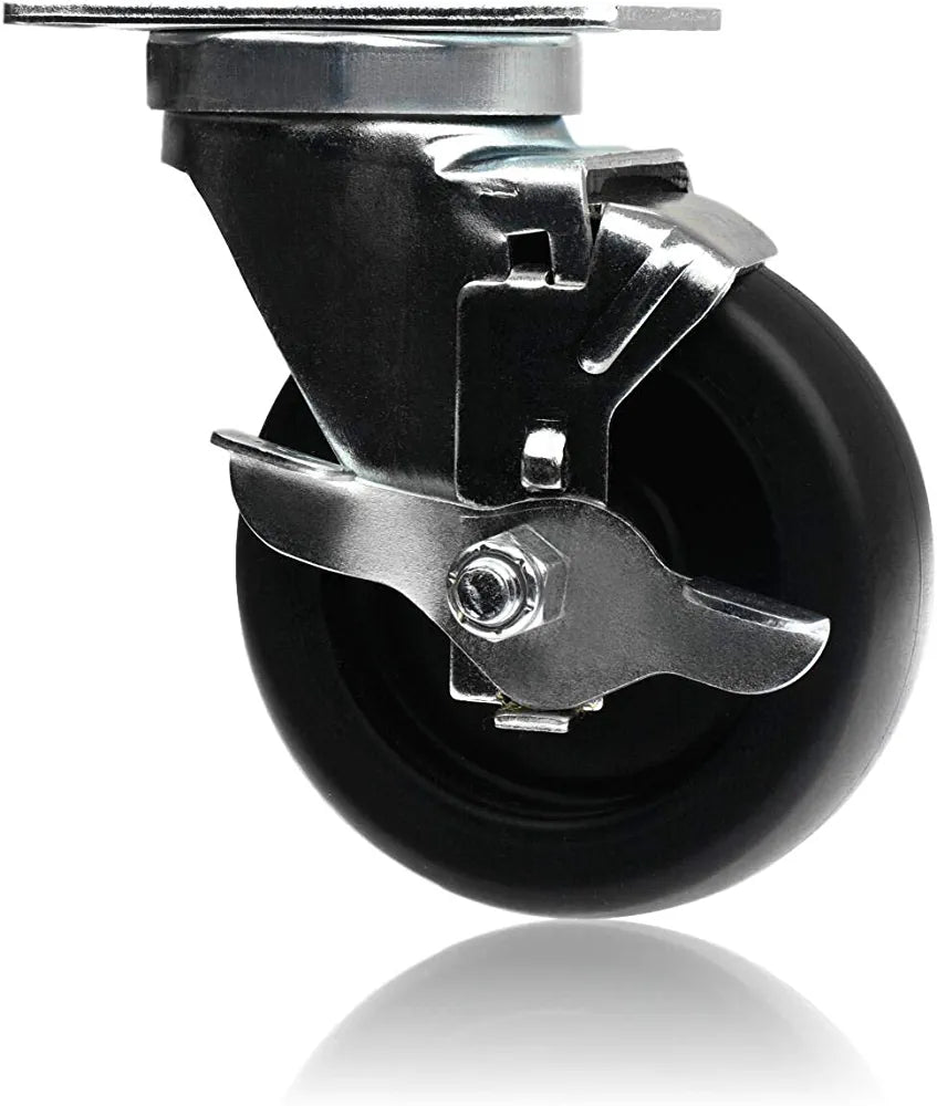 4 Pack 4" Swivel Caster with Polyolefin Black Rubber Top and Brake, Top Plate Caster with 1400 lbs Total Capacity