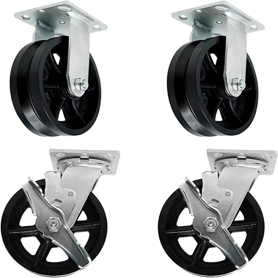 6" Heavy Duty Cast Iron V-Groove Plate Casters, 4 Pack with 3200lbs Total Capacity (2 Swivel w/Brakes & 2 Rigid), 2" Extra Width Top Plate Caster
