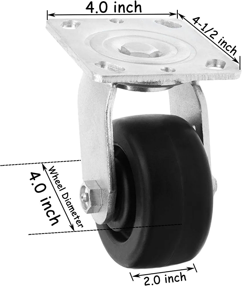 4" 4 Pack Medium Heavy Duty Plate Casters with Polyolefin Wheels - Swivel Top Plate Caster, 2600 lbs Total Capacity (Pack of 4)