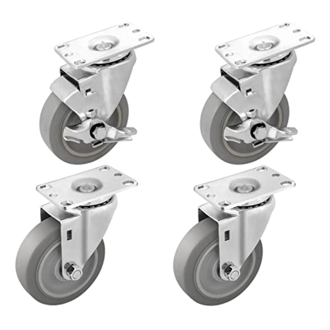 4" 4 Pack Plate Caster, Thermoplastic Light Heavy Duty Rubber Gray Swivel Caster, Top Plate Casters, 1440 lbs Total Capacity (4 inches Pack of 4, 4 Swivel 2 w/Brake)