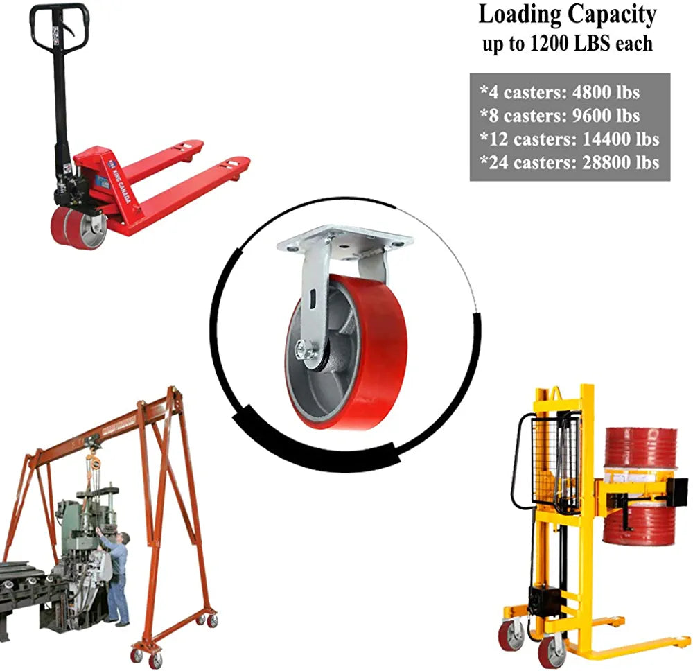 Maximize Mobility and Strength with our 6" Heavy Duty Polyurethane Plate Caster - 1200lbs Capacity, Extra Wide 2-inch Top Plate, Steel Wheel, Red Rigid Design