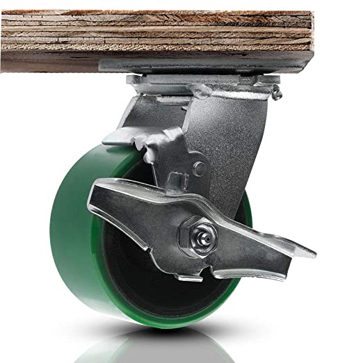 Heavy Duty Polyurethane Mold on Steel Wheel Plate Casters (4" 2-Pack) - 1400 lbs Total Capacity, Green Swivel with Brake, Extra Width 2 inches Top Plate Caster