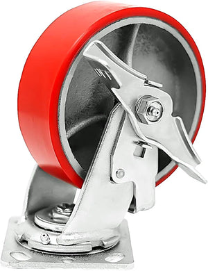 8" Heavy Duty Polyurethane Plate Casters (4-Pack, 5000 lbs Capacity, Red, 4 Swivel 2 w/Brake)