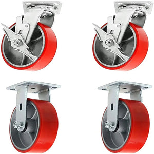 5" 4 Pack Plate Caster, Heavy Duty Polyurethane Mold on Steel Wheel Top Plate Caster Extra Width 2 inches 4000lbs Total Capacity (5 inches Pack of 4, 2 Swivels w/Brakes + 2 Rigid)