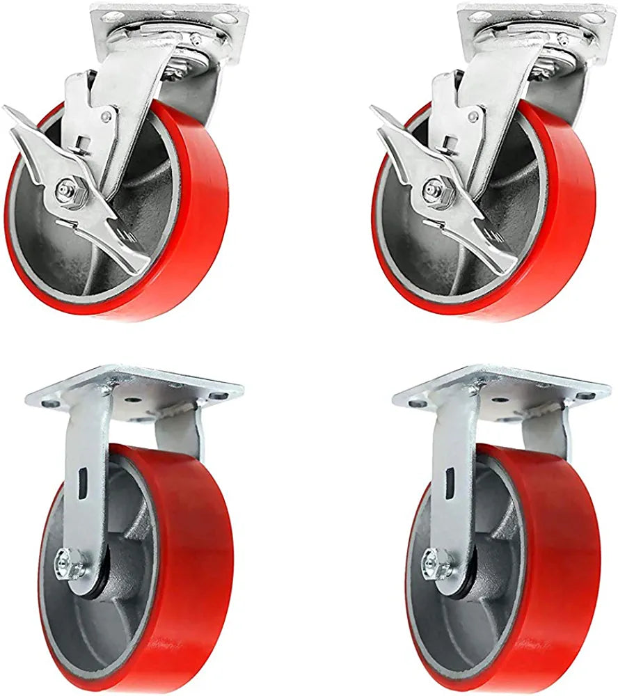 4" Plate Casters (4 Pack) - Heavy Duty Polyurethane Wheels on Steel Top Plate - 3000 lbs Total Capacity, 2" Extra Width, Red 4 Swivels with Brake