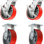 4" Plate Casters (4 Pack) - Heavy Duty Polyurethane Wheels on Steel Top Plate - 3000 lbs Total Capacity, 2" Extra Width, Red 4 Swivels with Brake