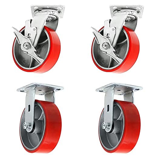 4" 4 Pack Plate Caster, Heavy Duty Polyurethane Mold on Steel Wheel Top Plate Caster Extra Width 2 inches 3000lbs Total Capacity (4 inches Pack of 4, 2 Swivels w/Brakes + 2 Rigid)