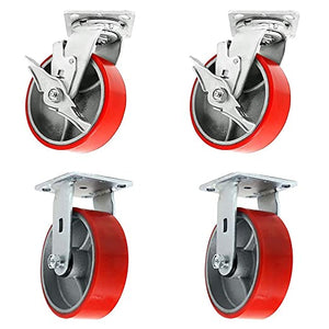 4" 4 Pack Plate Caster, Heavy Duty Polyurethane Mold on Steel Wheel Top Plate Caster Extra Width 2 inches 3000lbs Total Capacity (4 inches Pack of 4, 2 Swivels w/Brakes + 2 Rigid)