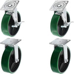 Green 8" 4-Pack Plate Casters with 5000 lbs Capacity - 2 Swivel with Brakes and 2 Rigid Casters