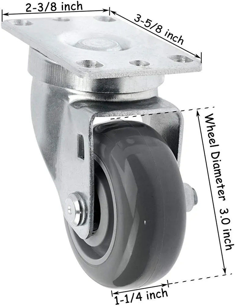 3-Inch Swivel Caster Wheels with Gray Polyurethane Wheels and Top Plate - Pack of 2 - 600 lbs Total Capacity