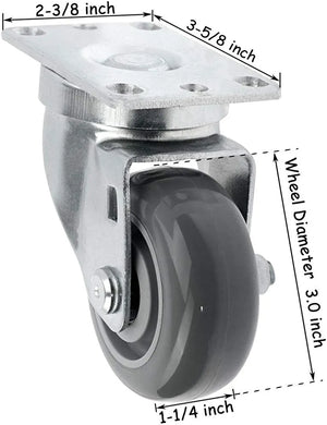 24-Pack Heavy Duty Gray Polyurethane Swivel Plate Casters - 3" Wheel Diameter, 7200 lbs Total Capacity - Ideal for Industrial Equipment and Material Handling
