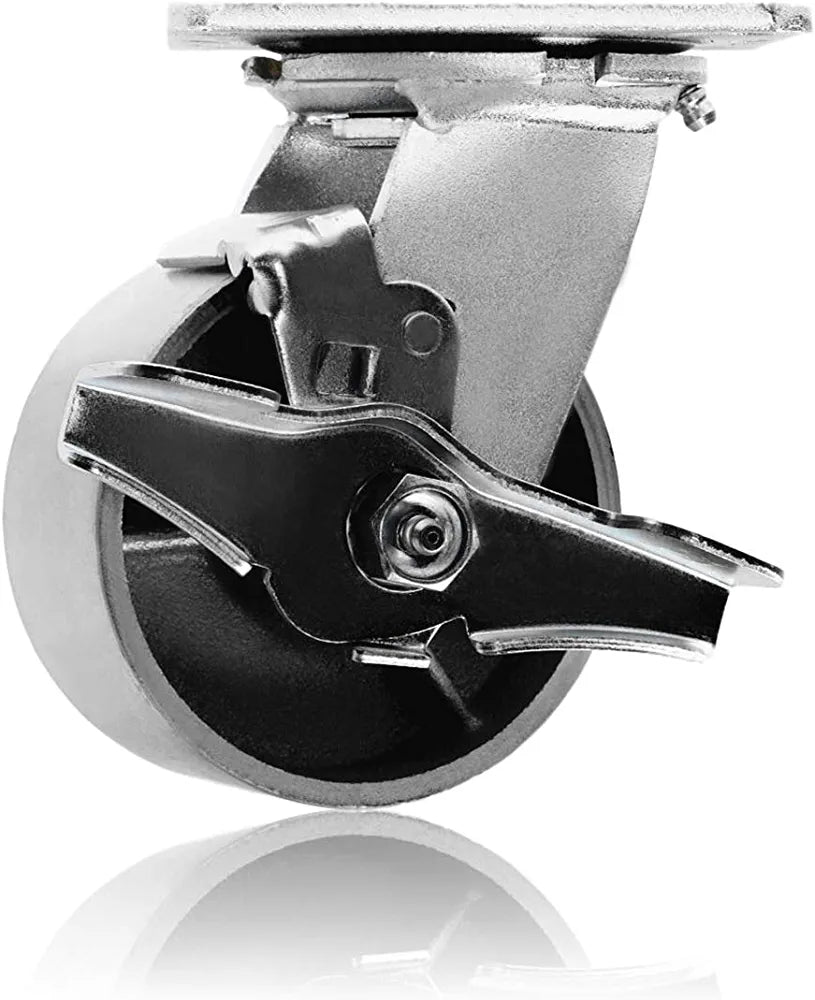 4" Heavy Duty Plate Casters with 1400 lbs Capacity, Silver Swivel Wheels with Brake, Pack of 2