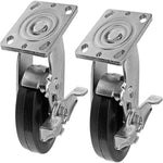 2-Pack 4" Plate Casters with Brake - Medium Duty Swivel Rubber Mold on Steel Wheel Caster with 2" Extra Width Top Plate - 900 lbs Total Capacity