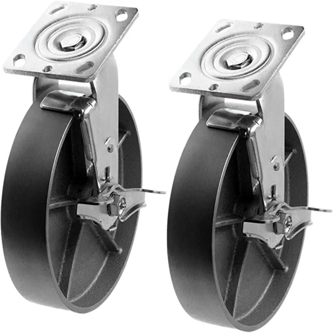 Maximize Mobility and Control with 8" Heavy-Duty Plate Casters - 2 Pack Set with 2600 lbs Total Capacity, Steel Cast Iron Wheels, Extra 2 Inches Width, and Silver Swivel Design with Brakes for Easy Maneuvering