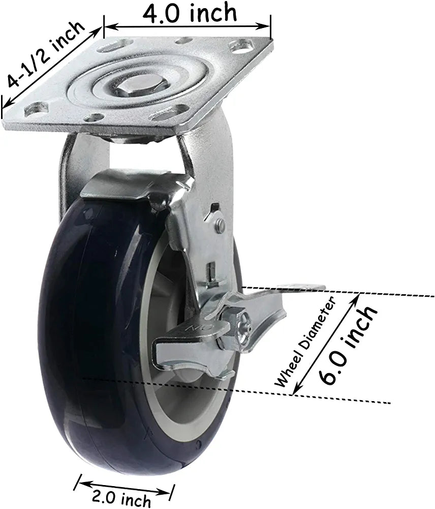 4-Pack 6" Top Plate Caster Set - 4000lbs Capacity - High Performance Polyurethane Wheel with Precision Bearing - Blue Swivel w/Brakes + Rigid Included