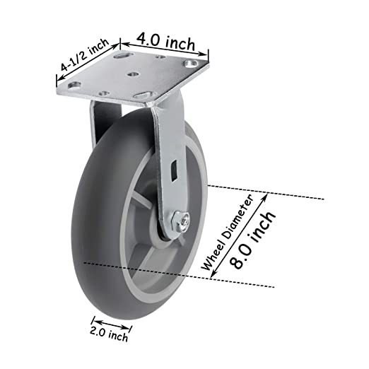 8" 4 Pack Plate Caster Crowned Thermoplastic Heavy Duty Rubber Gray Swivel Rigid Caster Top Plate Caster, 2400 lbs Total Capacity (8 inches Pack of 4, 2 Swivel w/Brakes & 2 Rigid)