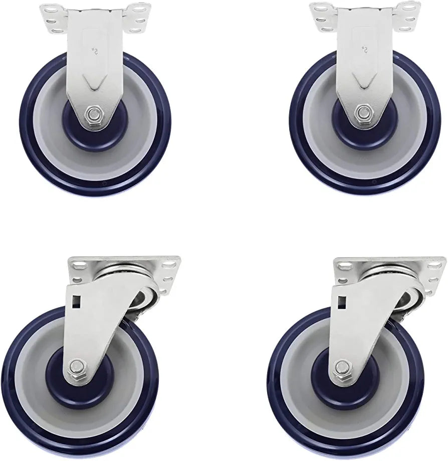 5" Polyurethane Plate Casters - 4 Pack with Double Ball Bearing Top Plate and 1400 lbs Total Capacity (Dark Blue/Beige, 4 Swivel 2 with Brake)