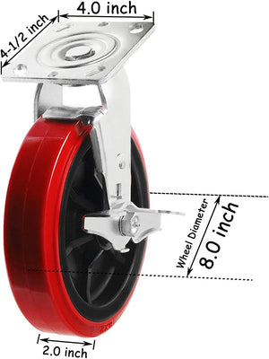 8" 4 Pack Plate Caster, Polyolefin/Polyurethane Wheel, Top Plate Caster Extra Width 2 inches 3800 lbs Total Capacity (8 inches Pack of 4, 2 Swivel w/Brakes + 2 Rigid)