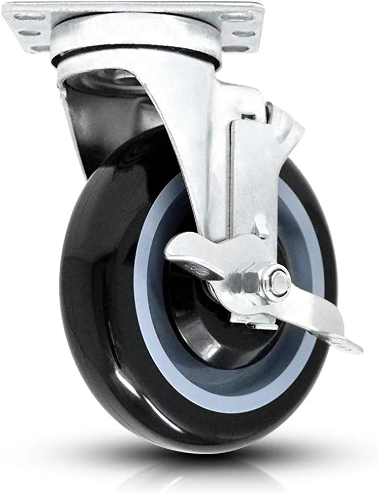 5" 4 Pack Plate Caster, Polyurethane Caster w/Double Ball Bearing Top Plate Wheel 1400 lbs Total Capacity (5 inches Pack of 4, Black & Dark Gray, 2 Swivels w/Brakes + 2 Rigid)