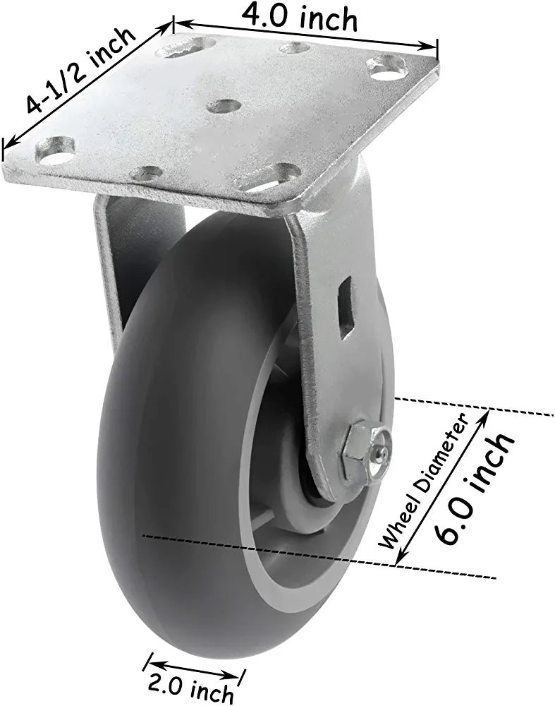 Heavy Duty 6" Thermoplastic Rubber Rigid Plate Casters, 2-Pack with 900 lbs Total Capacity, Gray