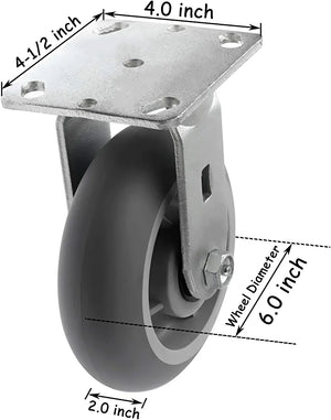 Heavy Duty 6" Plate Caster Set - Pack of 4 - 1800 lbs Capacity - Swivel w/Brakes & Rigid - Crowned Thermoplastic Rubber - Top Plate for Versatile Use