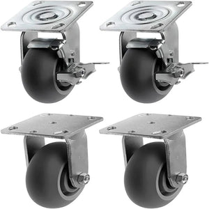 5" 4 Pack Plate Casters - Heavy Duty Rubber Swivel & Rigid Caster Set with Brakes - 1600 lbs Total Capacity - Top Plate Mounting