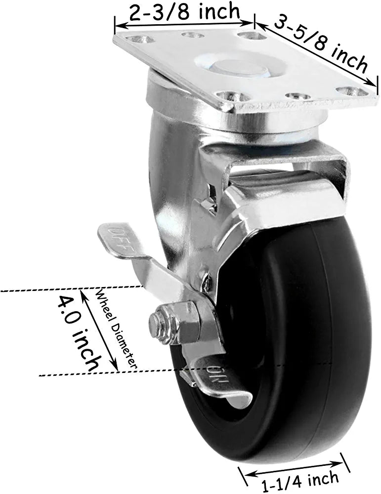 Heavy Duty 4" Polyolefin Caster Wheels - Pack of 4, 1320 lbs Total Capacity, 2 Swivel w/Brakes & 2 Rigid, Top Plate Mounting for Food/Bakery/Hotel/Material Handling Equipment