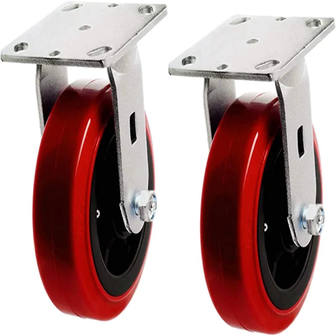 Maximize Mobility and Stability with 6" Heavy-Duty Plate Casters - Pack of 2, 1800 lbs Capacity, Polyolefin/Polyurethane Wheels, 2" Extra Width, Red/Black Rigid Design