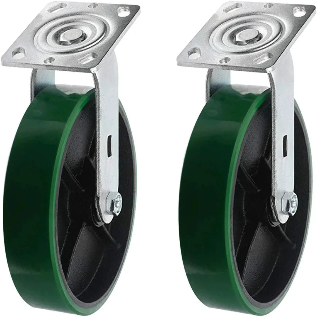 Upgrade Your Equipment with Heavy Duty 8" Plate Casters - 2 Pack, 2500 lbs Total Capacity, Green Swivel, Top Plate Caster with 2-inch Extra Width