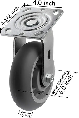 6" 2 Pack Plate Caster, Crowned Thermoplastic Heavy Duty Rubber Gray Swivel Caster, Top Plate Casters, 900 lbs Total Capacity (6 inches Pack of 2, Swivel Wheel)
