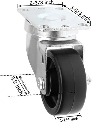 Heavy Duty 3" Swivel Caster with Polyolefin Black Rubber Top Plate - 660 lbs Total Capacity (Pack of 2)