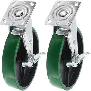 Heavy Duty 8" Swivel Plate Casters with Brake, 2-Pack Polyurethane Molded Steel Wheels and 2" Extra Width for 2500 lbs Total Capacity - Green