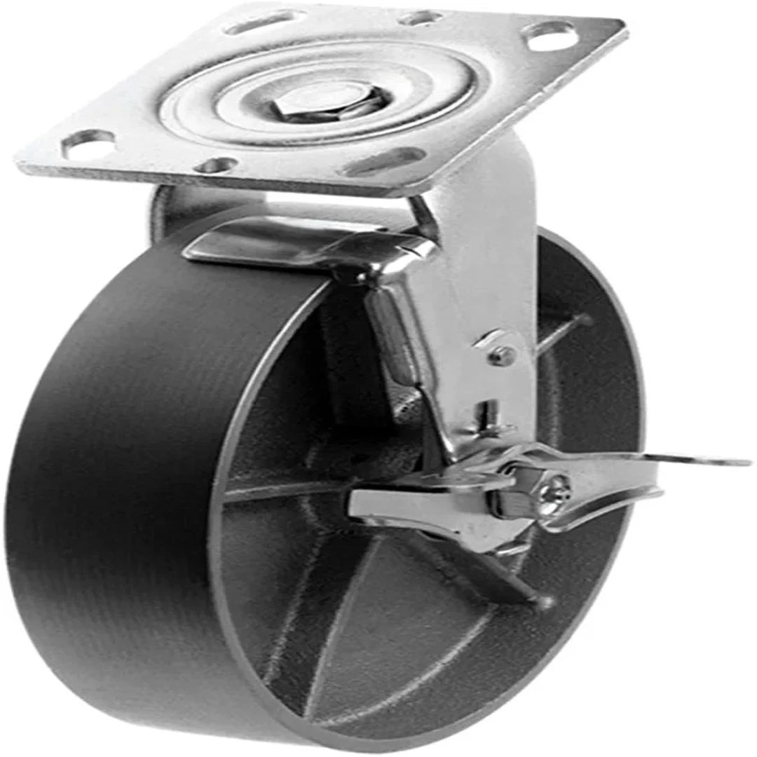 8-Inch Heavy Duty Plate Caster with Steel Cast Iron Wheel, 2-Inch Extra Width Top Plate Caster, 1300lbs Total Capacity, Silver Swivel with Brake