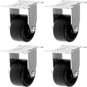 3" Polyolefin Black Rubber Top Plate Caster - 1320 lbs Total Capacity (Pack of 4, Rigid)