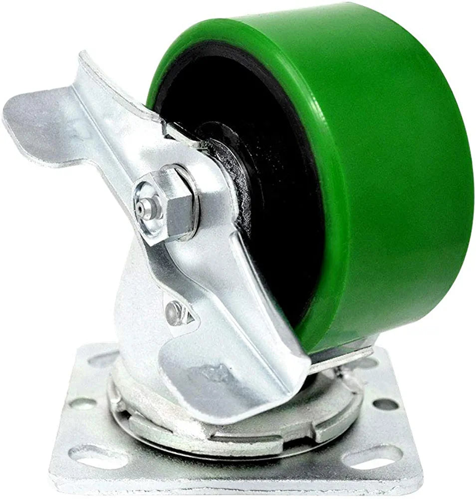 Heavy Duty 5" Plate Casters with Brake - 2 Pack Set, 2200 lbs Total Capacity, Polyurethane Molded Steel Wheels and Extra 2" Width Top Plate for Maximum Stability