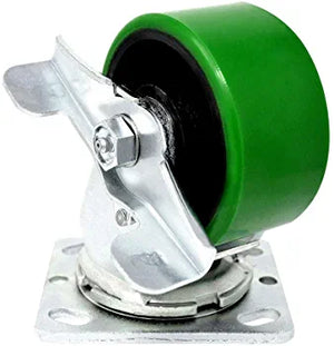 5" Heavy Duty Plate Caster with Brake - 4 Pack, 4400 lbs Total Capacity, Polyurethane on Steel Wheel, Swivel Top Plate, Extra Width 2 inches