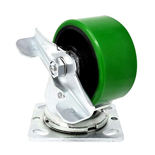 Medium Heavy Duty 4" Plate Casters with Brakes, Polyurethane Molded Steel Wheels, 2 Pack, 1500 lbs Total Capacity, Top Plate Caster with Extra 2 Inches Width